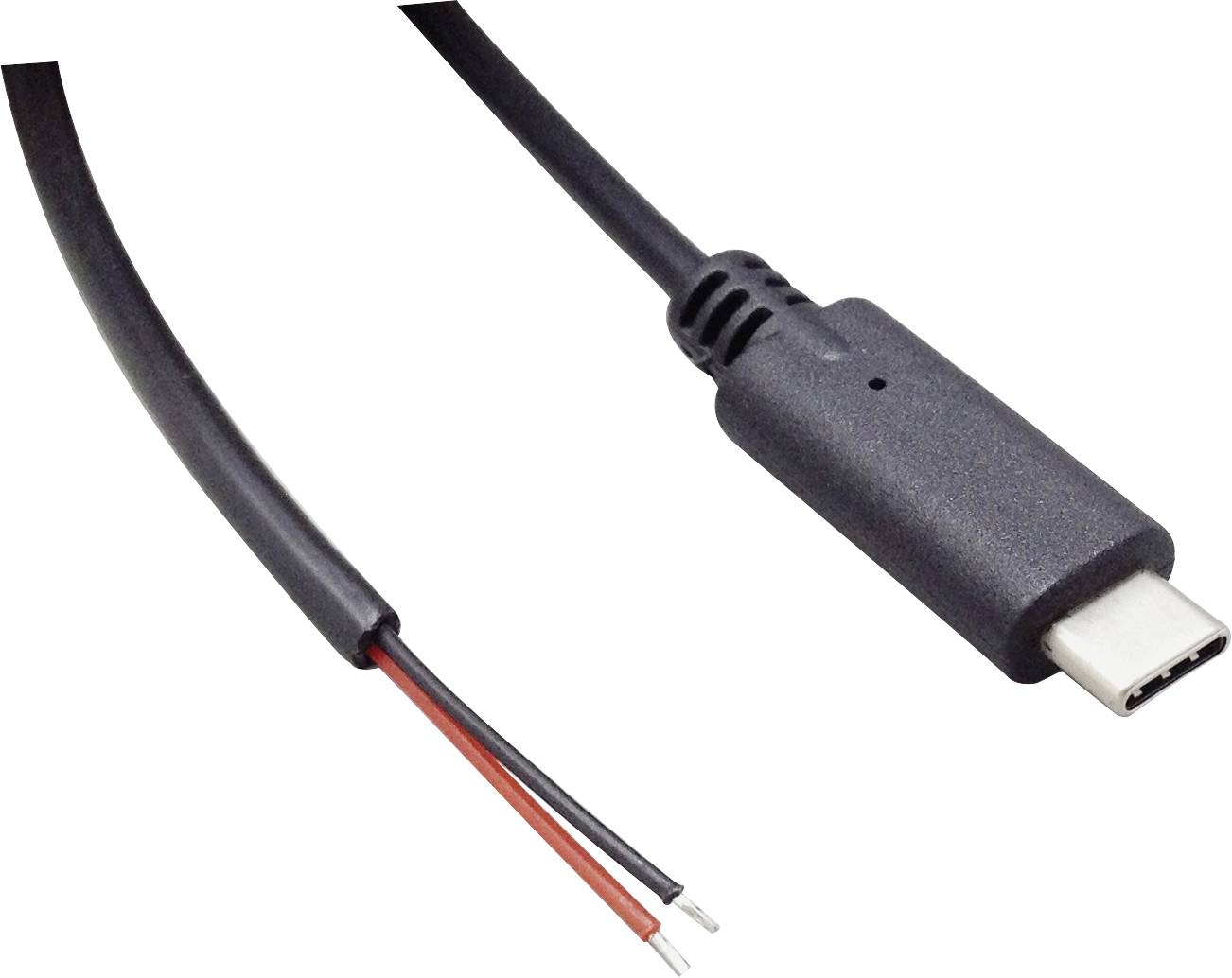 Et USB-C-kabel med åben ende, som viser sorte og røde ledninger.
