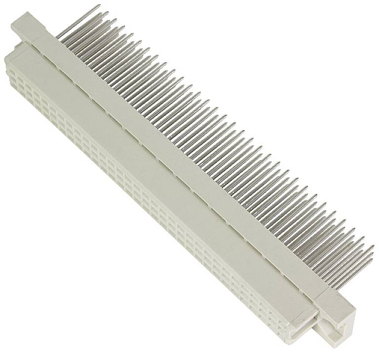 En hvid plastikforbinder med mange metalstifter, typisk brugt til elektroniske printplader eller computerudstyr.