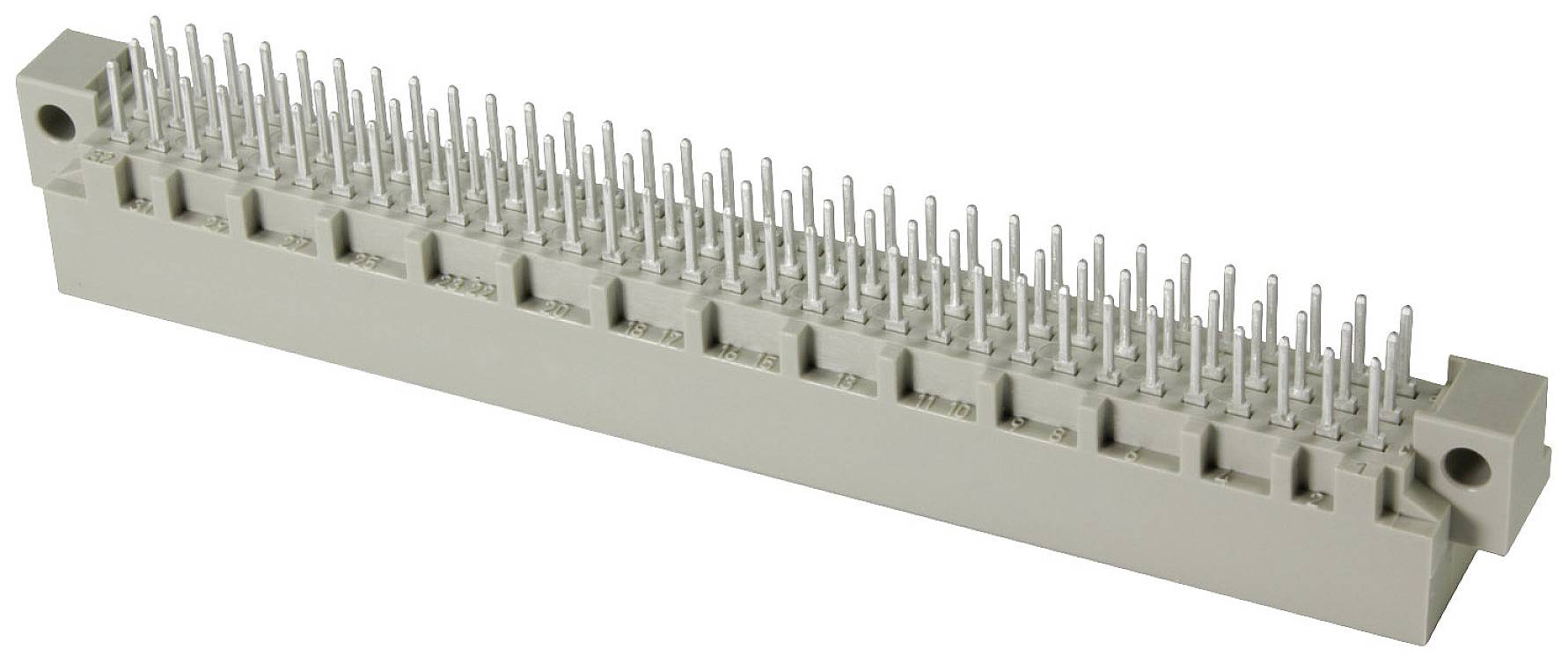 En grå stikforbinder med to rækker metalstik, som bruges til elektroniske forbindelser i enheder eller kredsløb.