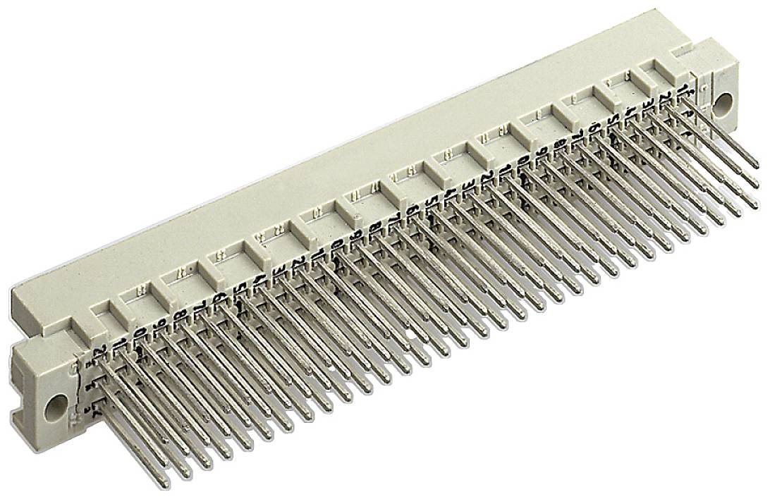 Et 64-polet Eurocard stik med plastikkapsel og metalben til forbindelse af printplader i elektroniske enheder.