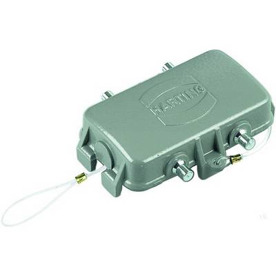 En grå elektrisk stikforbindelse med påskriften 'HARTING', flere skruer og to kabelforbindelser i siderne.