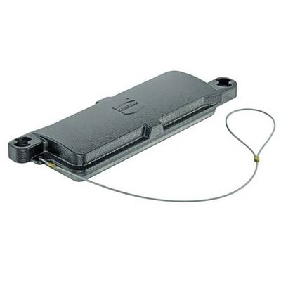 En rektangulær, grå metalgenstand med afrundede kanter og et kabel ved siden.