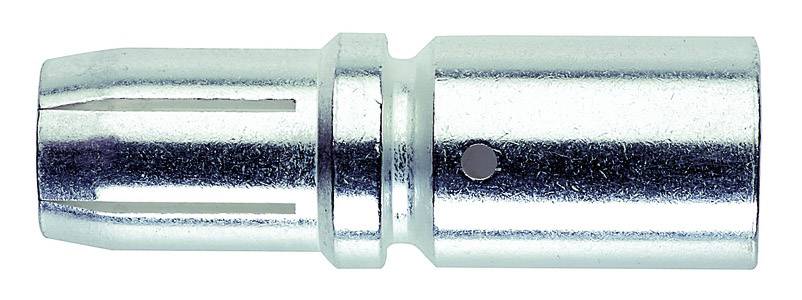 Metalmetisk hurtigkobling med riflet cylinder og åbning, typisk anvendt i trykluftssystemer til sikre forbindelser.