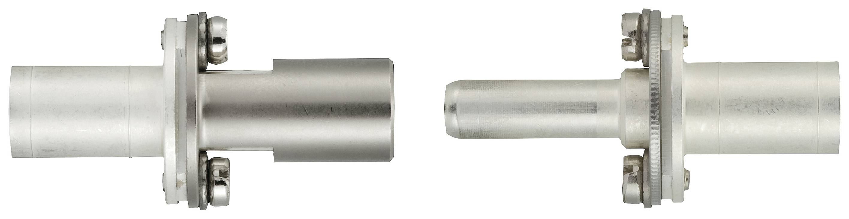 To tætsluttende metalforbindelser i nærbillede: Til venstre en bredere cylinder, til højre en smallere med en aflang ende; komponenterne ser ud til at kunne samles.
