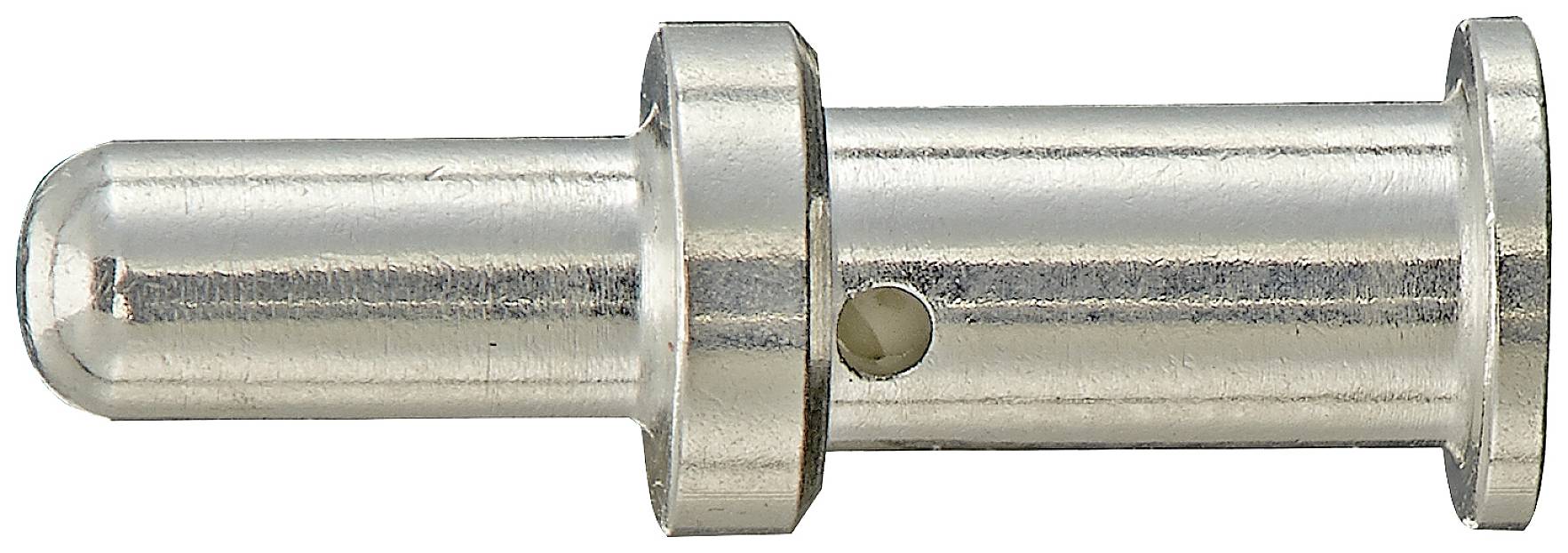 En sølvfarvet metalstift med to riller og et hul i midten, formentlig en del af et mekanisk forbindelseselement.