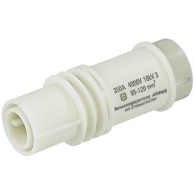 En hvid keramisk sikringsholder, mærket '350A 4000V 18kV 3', egnet til kabler på 95-120 mm².