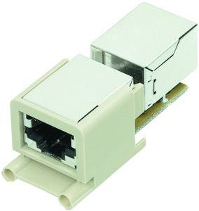 En RJ45-netværksstik i en hvid plastikcover, bruges til at forbinde Ethernet-kabler i computernet.
