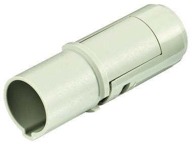 En beige plastikadapter med rund form og riller, som bruges til mekaniske eller elektriske forbindelser.