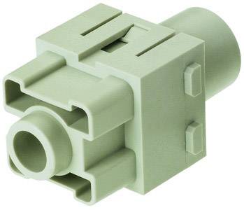 Plastikkomponent med rektangulær form og cylindrisk ende, muligvis et stik eller en adapter, i lysegrå farve.