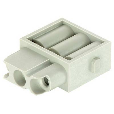 Grå LEGO-klods med tre vandrette rør og to cirkulære forbindelser på venstre side.