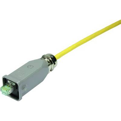 Et gult Ethernet-kabel med en grå, metalindraget stik. Egnet til netværksapplikationer.