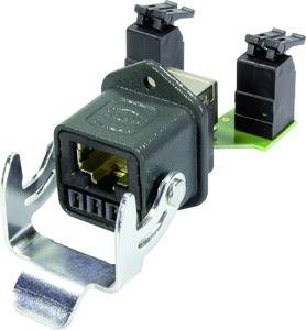 Modulært RJ45-kabelmodul med metalbeslag, velegnet til industrielle netværksapplikationer.