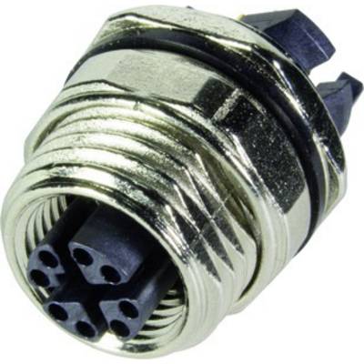 Et rundt, metallisk udseende stikforbindelseselement med flere sorte stikbøsningsåbninger, egnet til elektroniske forbindelser.