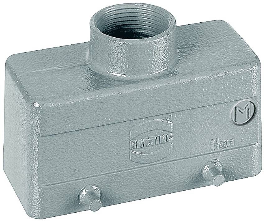 Rektangulær, grå metalinddækning med tilslutningsåbning øverst og gravering i siden med teksten "HARTING Han M".
