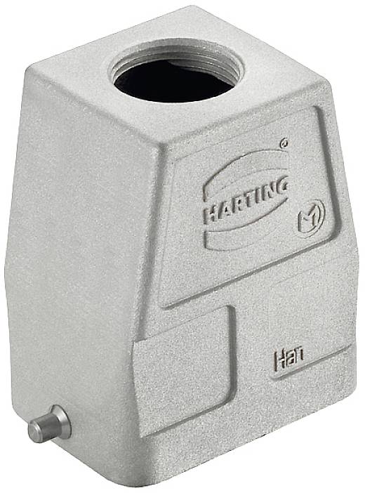 Metalkappe til industrielle stikforbindelser, sølv, påtrykt 'Harting' og 'Han'.