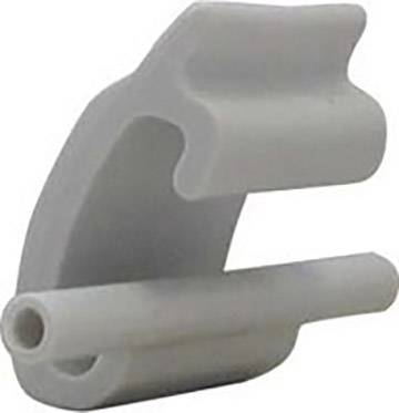 Plastikdel, formentlig en holder eller clips, med en buet form og et lille rør i bunden.