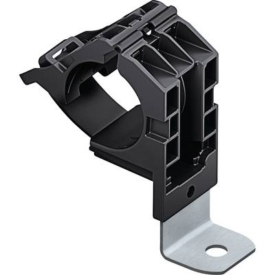 Sort plastik kabelholder med sølvfarvet metalbase, til montering af kabler på vægge eller enheder.