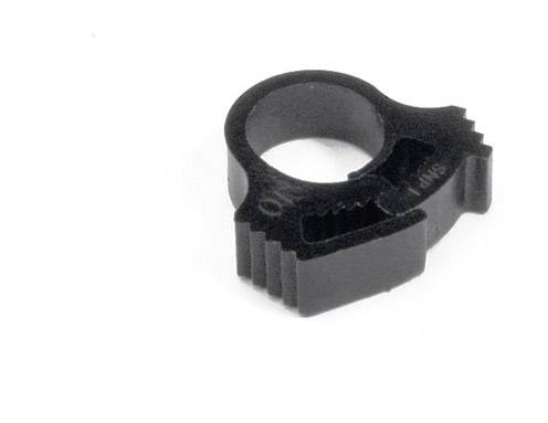 En sort plastikdel med en cirkulær åbning og tandet kant, som muligvis tjener som et fastgørelseselement.