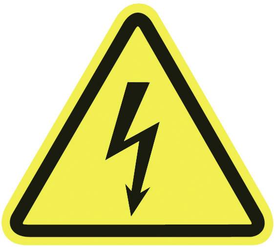 Gult advarselsskilt med sort lynsymbol, der advarer mod elektrisk spænding eller højspænding.
