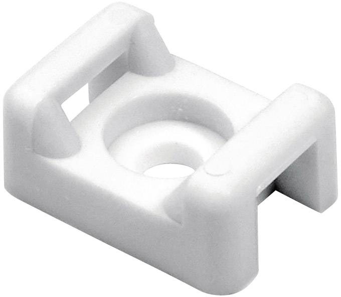 En hvid plastik kabelclips i rektangulær form med en central åbning til fastgørelse af kabler på en overflade.