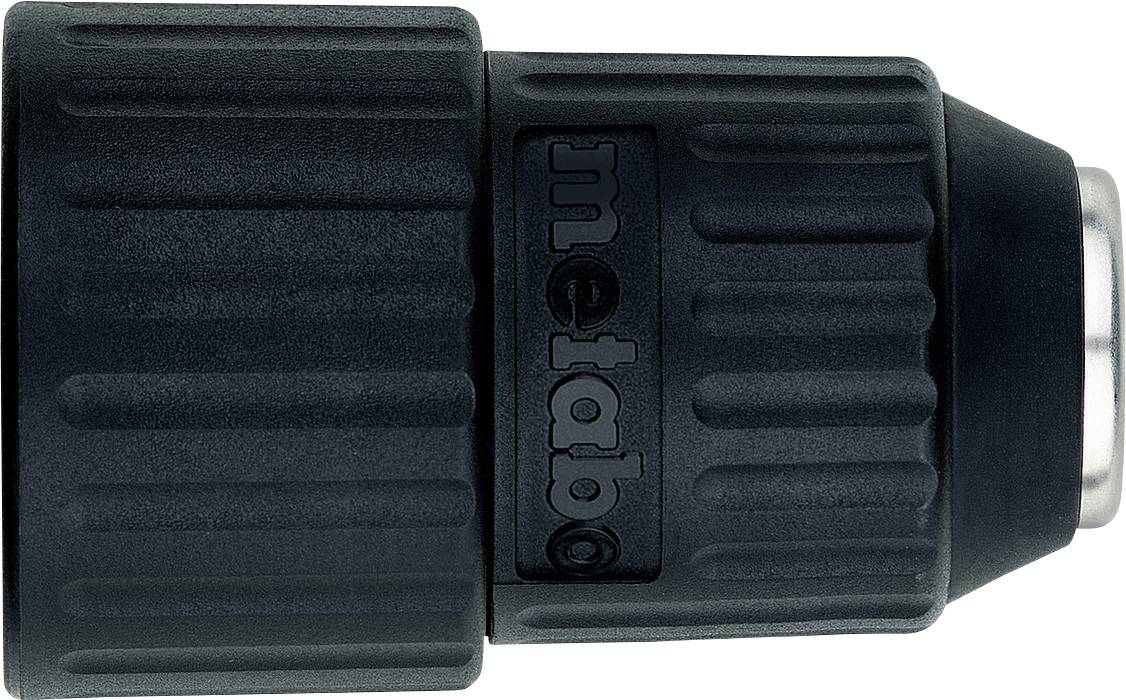 Sort Metabo bore-chuck adapter med rilleformet greb og metalspids, vist i sidevisning på hvid baggrund.