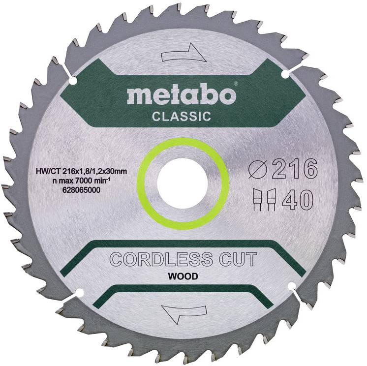 Metabo Classic trådløs træskæring cirkulær savblad, mærket Ø216 og 40 tænder, vist forfra.