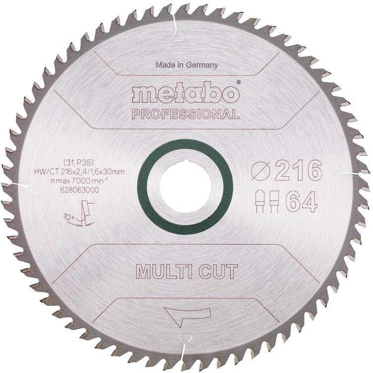 Metalcirkelslibeblade mærket 'metabo PROFESSIONAL' og 'MULTI CUT,' størrelse 216 mm med 64 tænder, fremstillet i Tyskland.