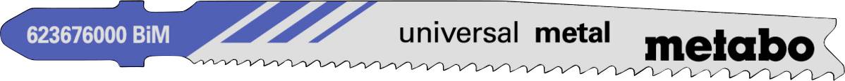 Blå produktetiket med nummeret 623676000 BIM og universel metal Metabo, med et rødt stribemønster på kanten.
