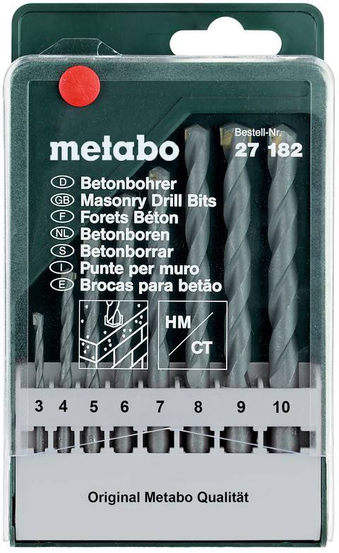 Pakke med Metabo murerbor i en klar plastboks, mærket 'Bestell-Nr. 27 182' og størrelser 3 til 10 mm.