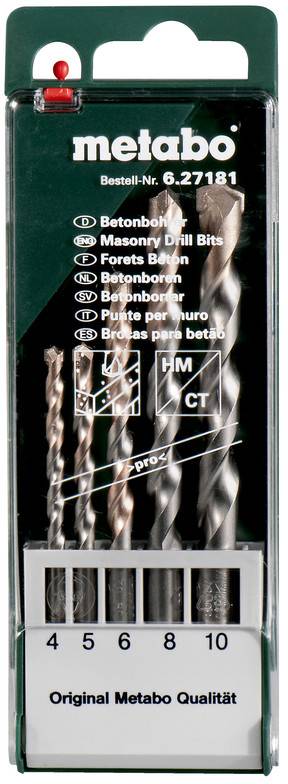 Metabo-borekitsæt med fem murerborebor mærket 4, 5, 6, 8 og 10 mm.