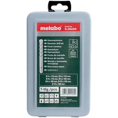 Metabo drilborsæt i kasse mærket '7-tlg./pcs.' med fem hammer-drillebor og størrelsesliste på forsiden.