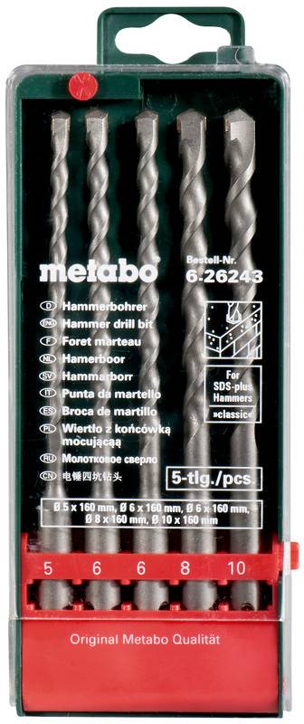 Metabo borehammer-bitssæt i plastikkasse, 5 stykker mærket 5, 6, 6, 8 og 10 mm, til murværks- og betonboring.