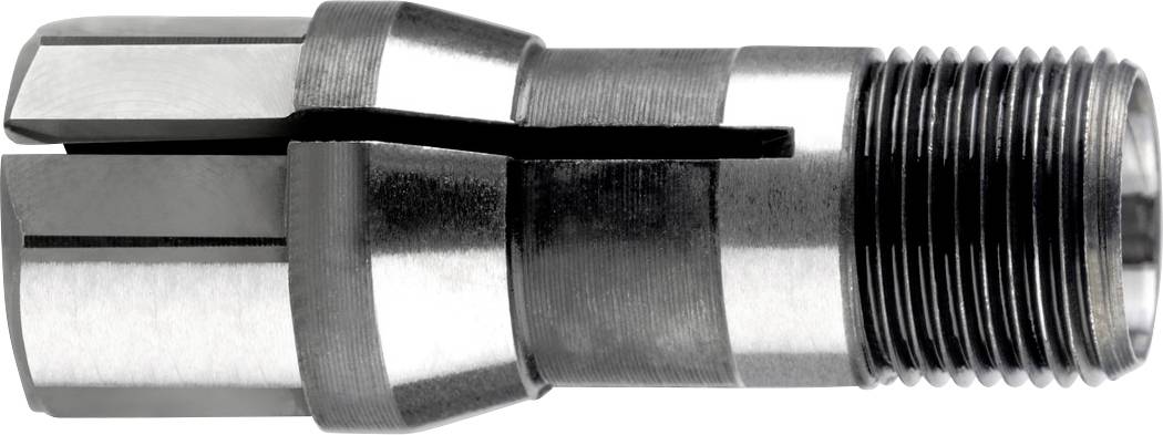 Metalrørfitting med gevind, hexagonal krop og konisk tilslutning, vist i nærbillede på hvid baggrund.