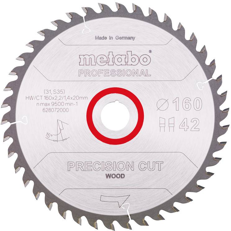 Metabo Professionel præcisions savklinge til træ til cirkelsaw, mærket 160 mm, 42 tænder, til træbearbejdning.