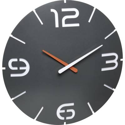 Grå rund vægur med hvide tal og to visere, hvoraf den ene er en orange sekundviser. Uret viser klokken 10:10.