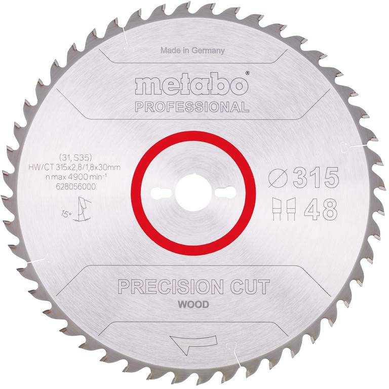 Cirkulær Metabo Professional Precision Cut træbor med rødt centerring, mærket 315 mm diameter og 48 tænder.
