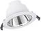 Rund LED-indbygningslampe med forkromet reflektor og hvid ramme, egnet til montering i loft.
