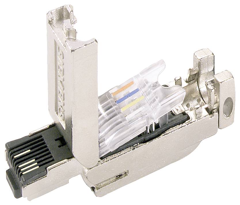 En åbnet RJ45-stik viser de farvede trådender af et netværkskabel, som bruges til dataforbindelser.