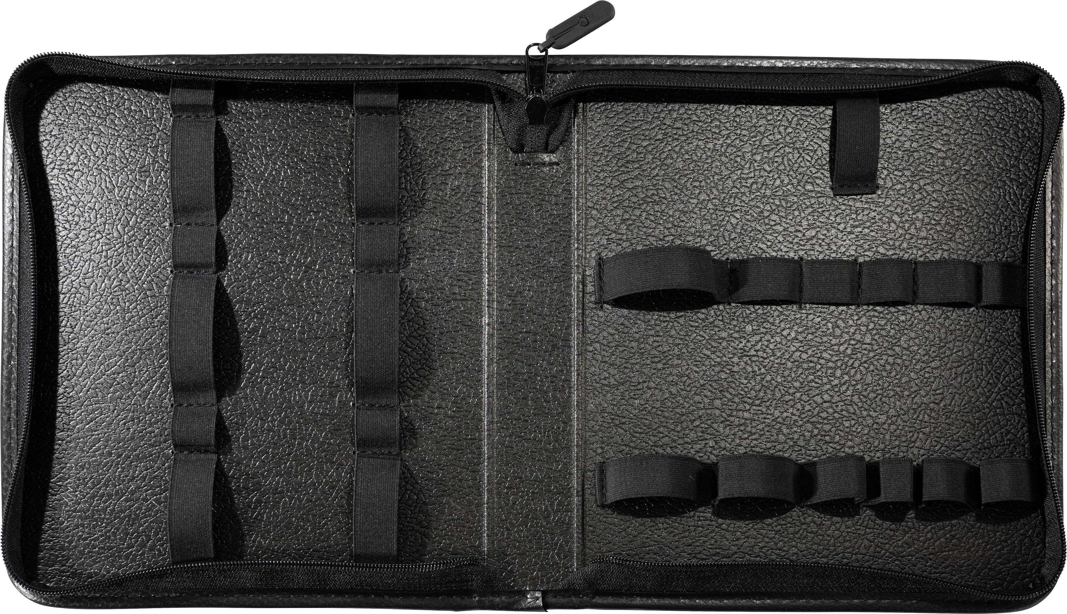Et sort, tomt etui med elastiske stropper til opbevaring af værktøj eller udstyr, åbnet på en plan overflade.