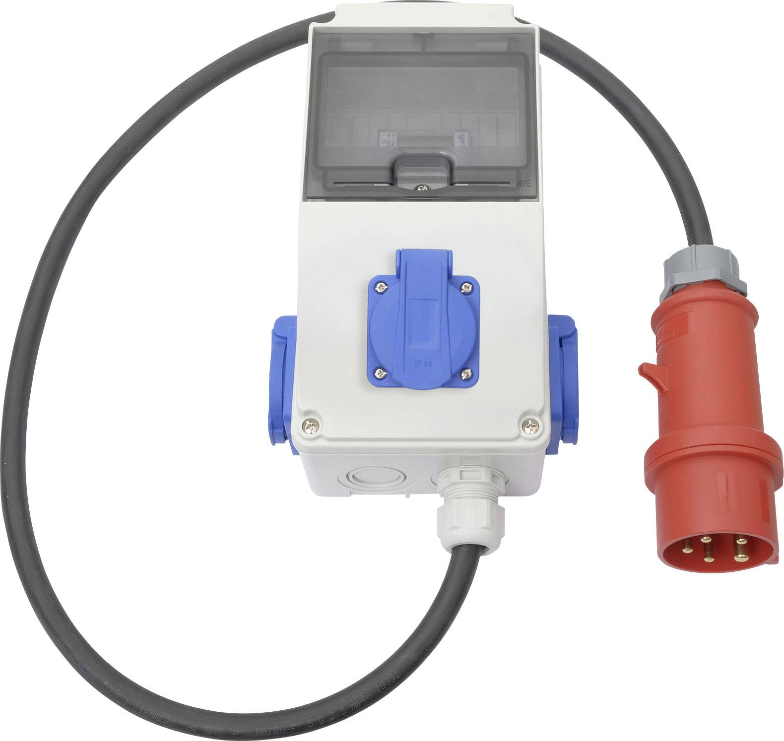 Elektrisk fordelerboks med flere blå stikkontakter og en rød CEE-stikforbindelse, forbundet via et sort kabel.