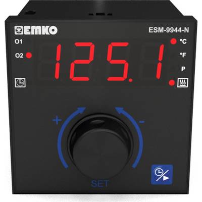 Et sort temperaturmåleapparat med rød LED-display viser '125.1'. Det har en drejeknap til betjening og symboler for Celsius og Fahrenheit.
