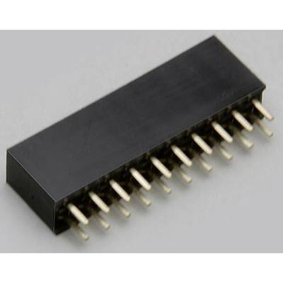 En sort elektronisk stik med flere gyldne ben på en grå overflade.