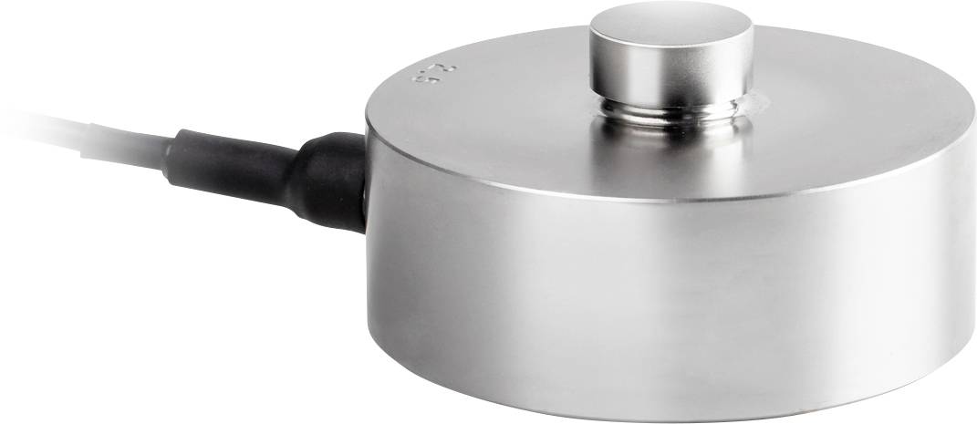 Et sølvfarvet, rundt apparat med et fladt, cylinderformet vedhæng og kabelstik, sandsynligvis en sensor eller et vejemodul.