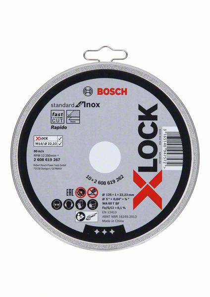 En Bosch X-LOCK skæreskive til rustfrit stål, standard, 125 mm diameter, egnet til hurtig skæring, produktdetaljer på etiketten.