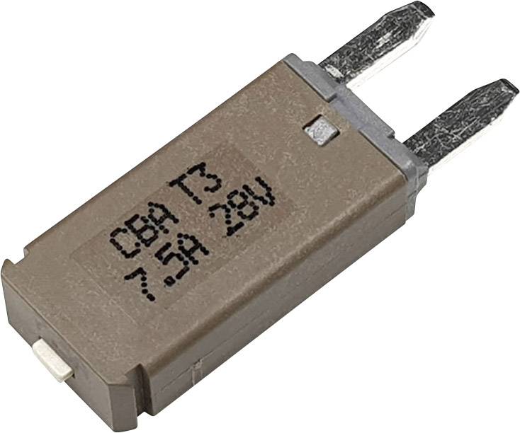 En brun sikring med påskriften 'CBA T3 7.5A 28V', to metalcontakter synlige på den ene side.