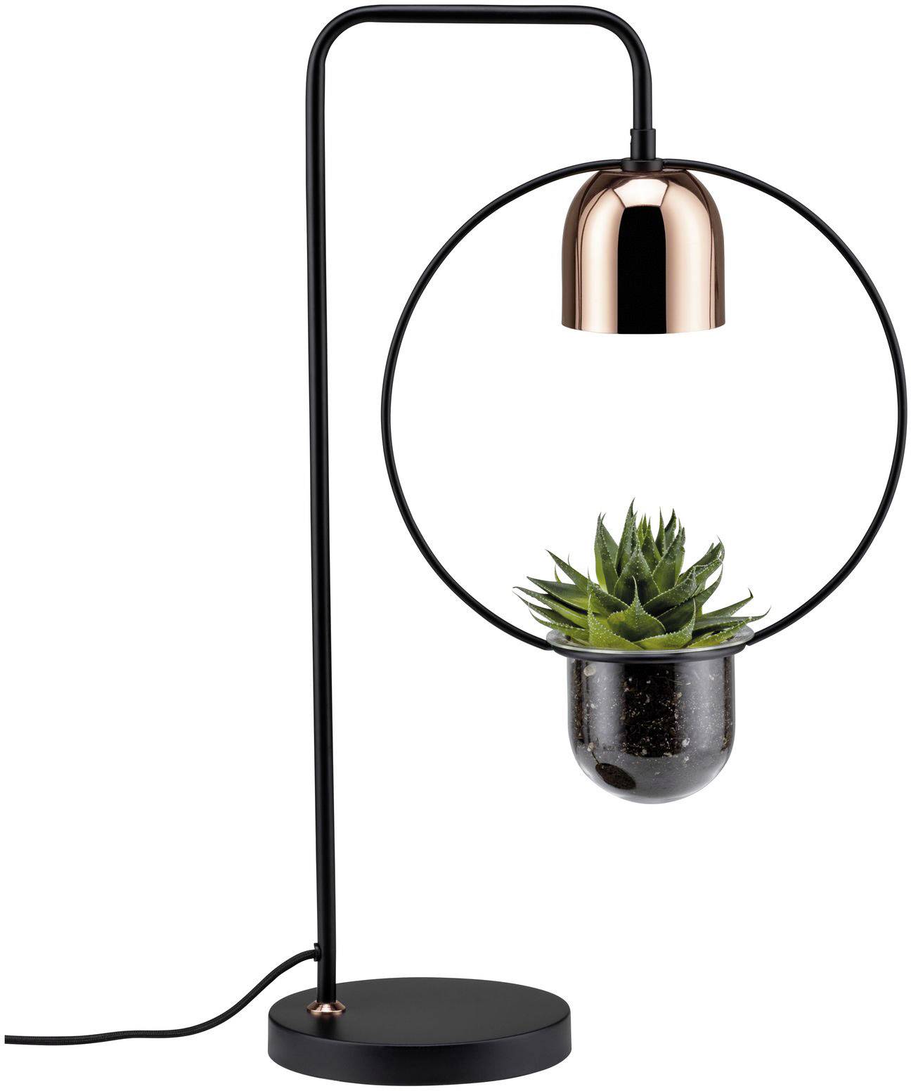 En moderne bordlampe med rund, sort ramme og kobberfarvet lampeskærm; forneden er en lille plantepotte integreret.