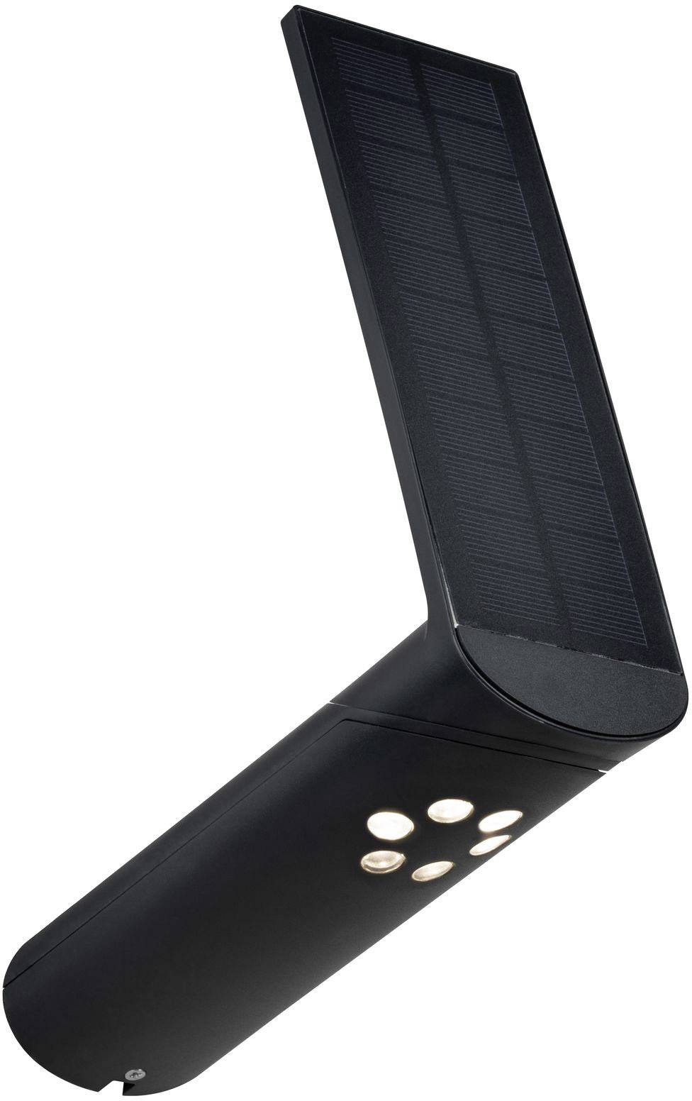 En sort solcellelampe med et stort solpanel øverst og flere LED-pærer forneden, vinklet i en skrå position.