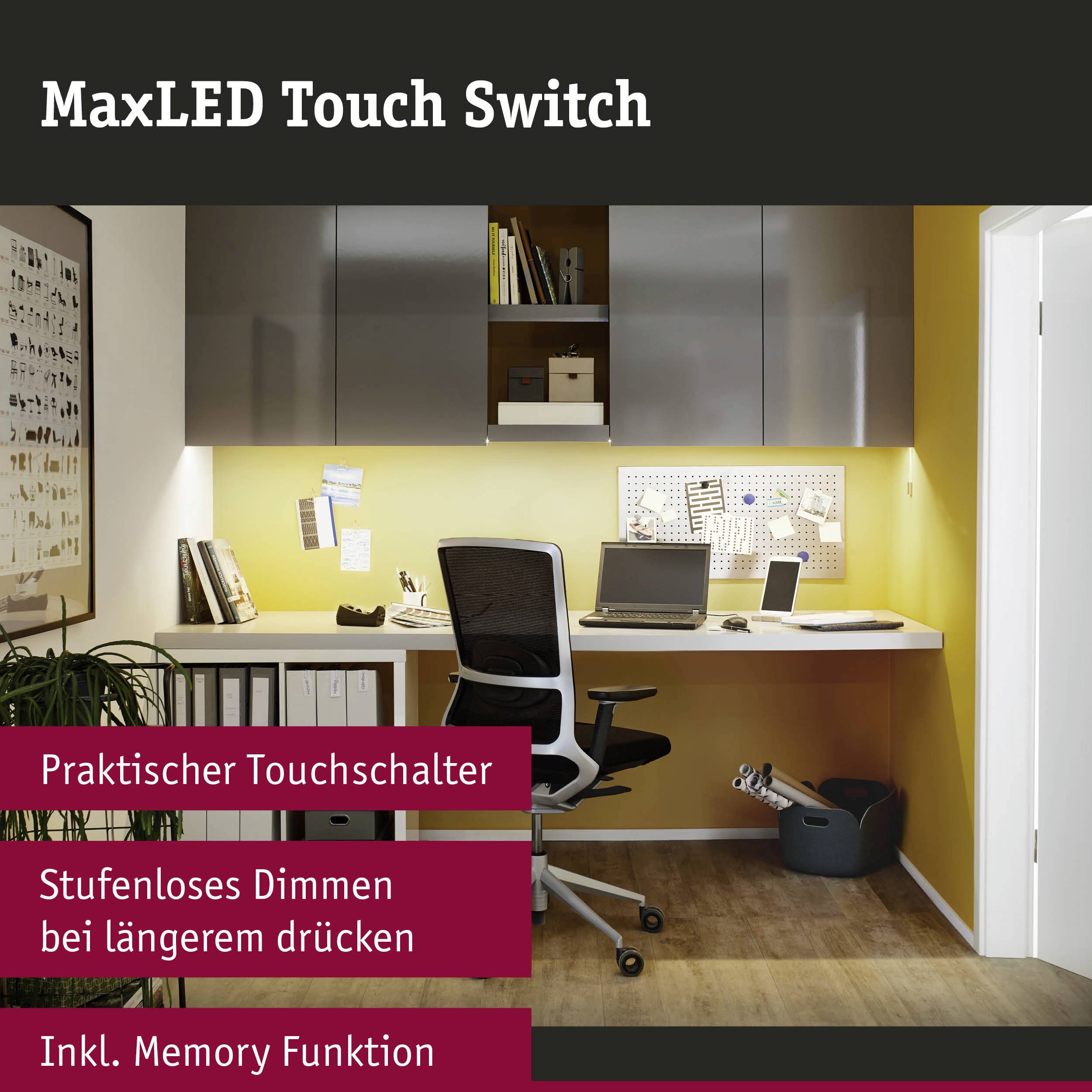 Her er oversættelsen til dansk:<br><br>'Hjemmekontor med skrivebord, hylder og en ergonomisk stol. LED-belysning med MaxLED-touch-kontakt. Praktisk til trinløs justering.'
