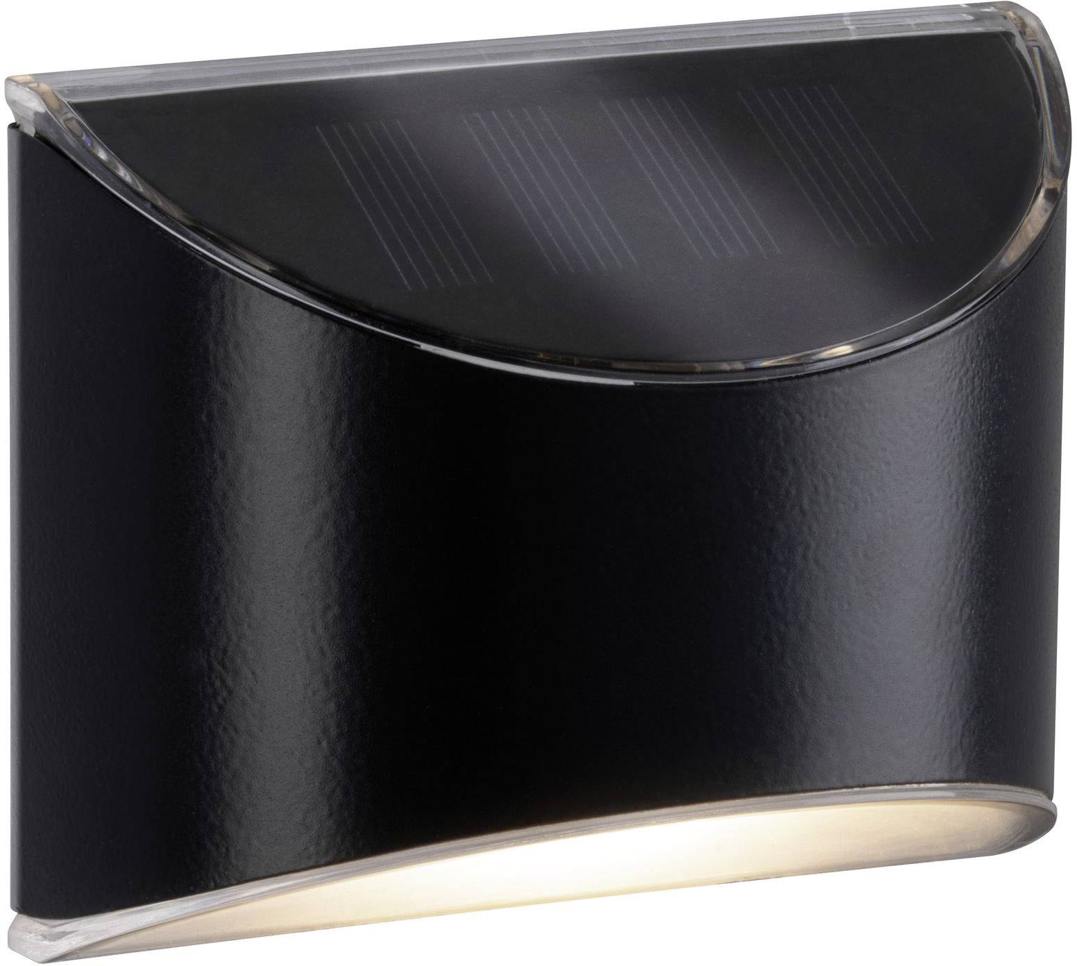 Sort solardrevet udendørslampe med buet, gennemsigtig afdækning og integreret solarpanel øverst. Lyser nedad.