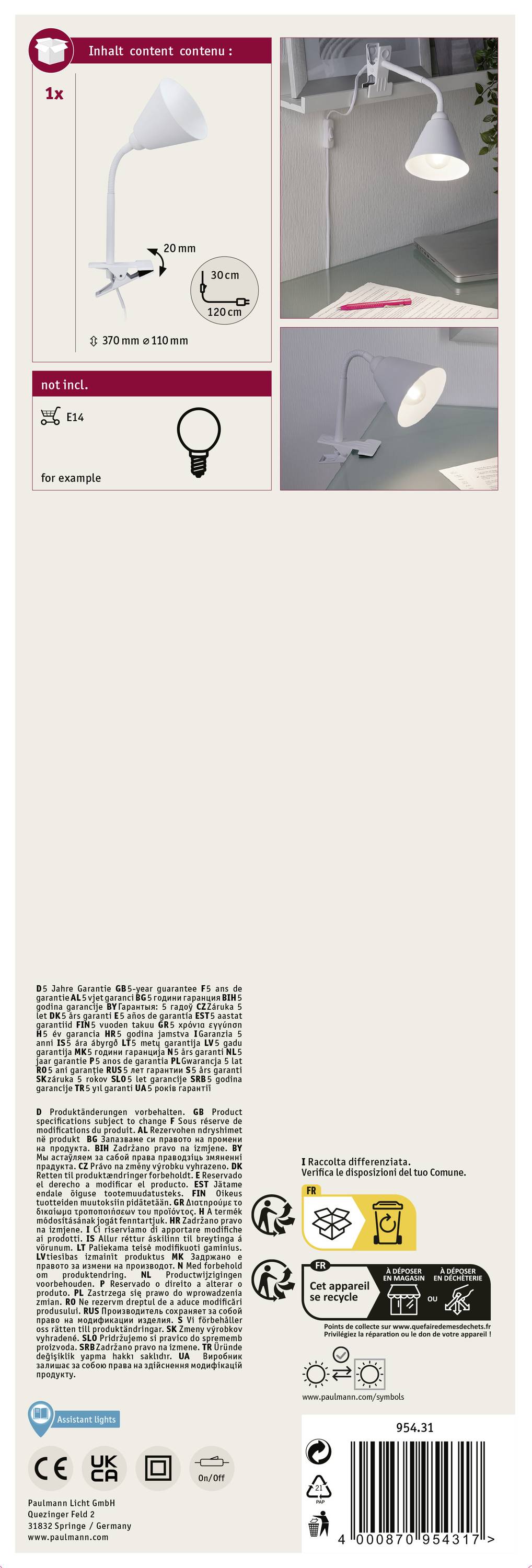 Emballage til en hvid bordlampe med svanehalset design, viser lampen i forskellige positioner. Kompatibel med E14-pære.